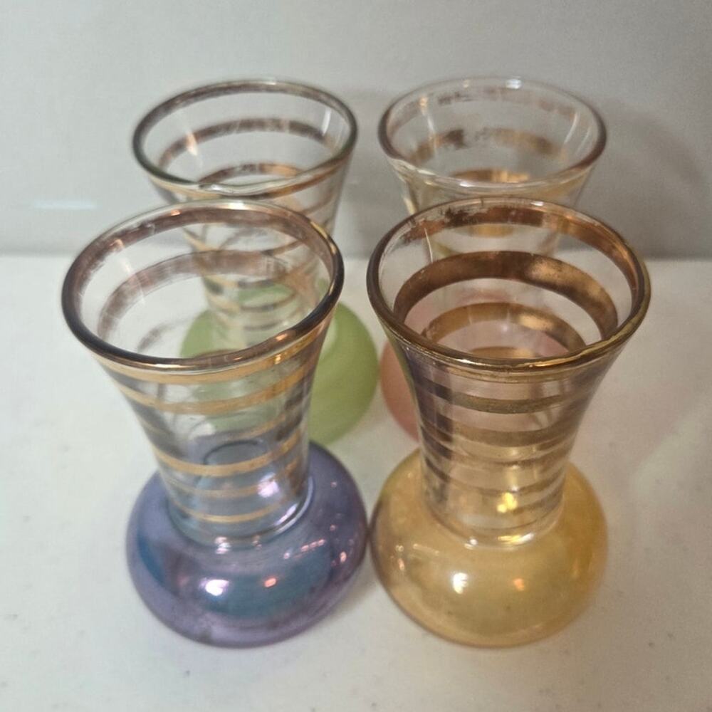 Vintage Barlett Collins Bud Vases Glass Gold Rings 4 Set Green Yellow Blue Pink